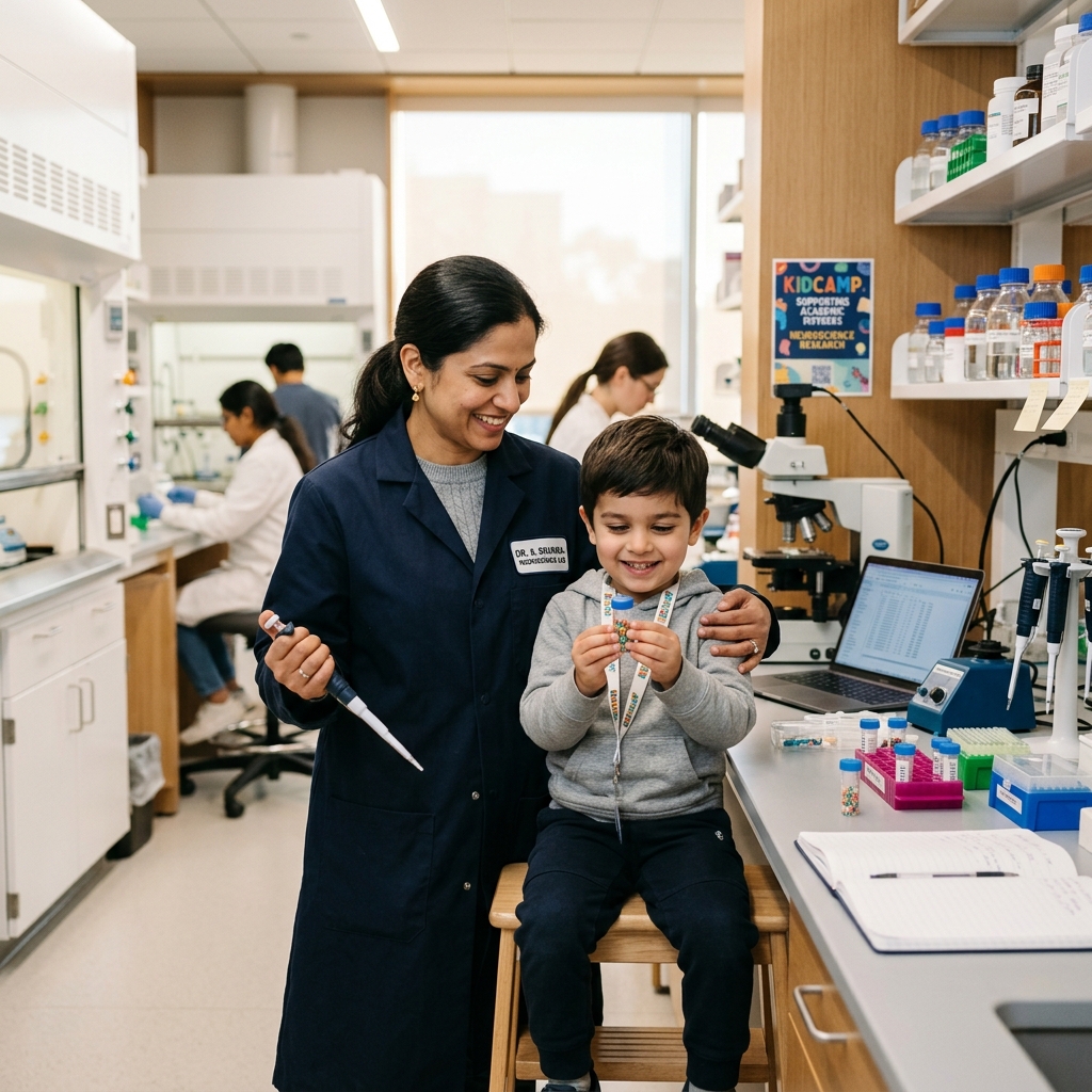 Mother researcher scientist with her child supporting KidCamp Initiative